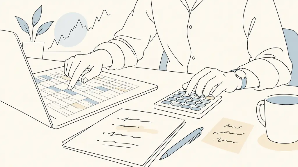 close-up editorial photograph of a trader comparing account capital and fees in a spreadsheet, with a calculator and handwritten reset cost notes, no text, no logo