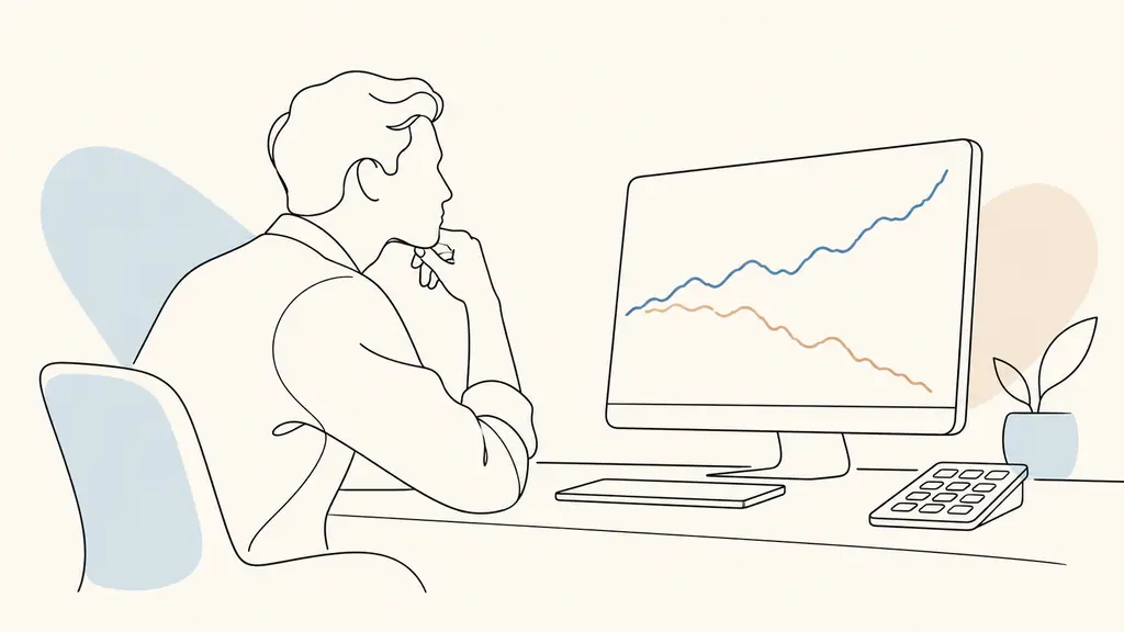 editorial photograph of a trader comparing balance and equity curves after a gain and an open loss, with a calculator beside the monitor, no text, no logo