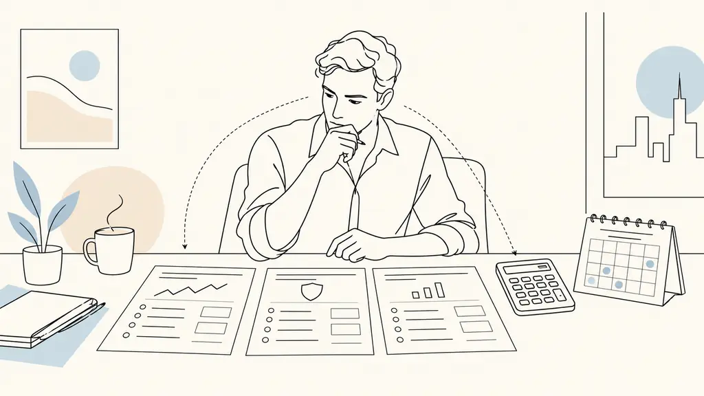 Editorial photograph of a trader comparing three challenge rule sheets beside a calculator and a withdrawal calendar, no readable text, no logos