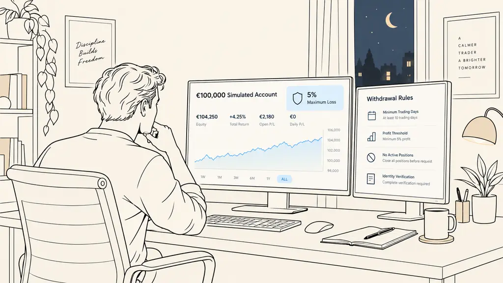 trader reviewing a 100,000 euro simulated account dashboard with a 5 percent maximum loss limit and withdrawal rules visible on a second monitor, evening home office