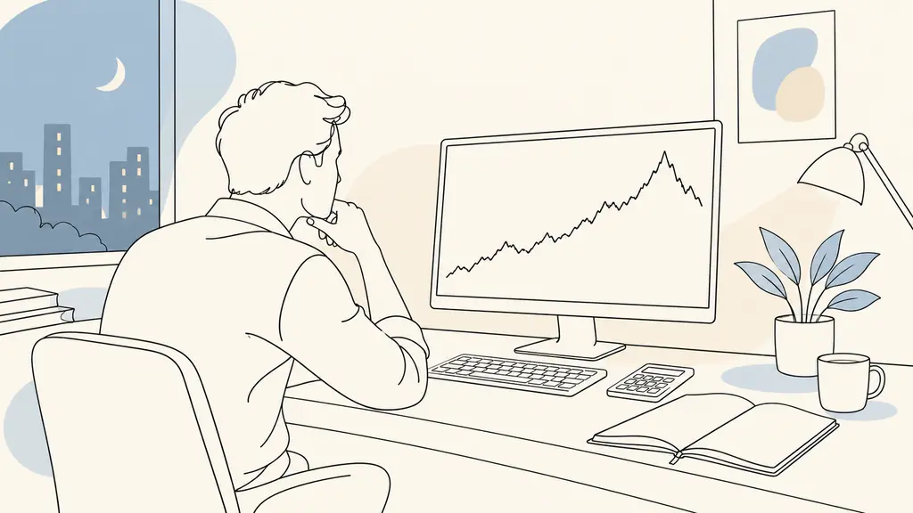 evening trader watching an intraday price chart retreat from a fresh peak, calculator and risk notebook beside the keyboard, no visible text or logo