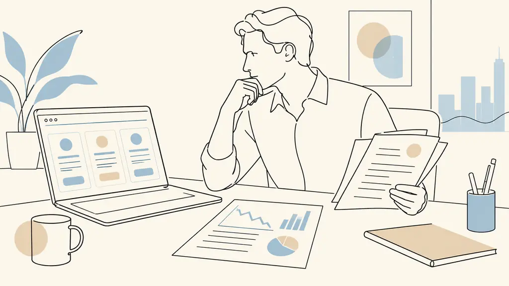 trader at a desk comparing a pricing page, a drawdown calculation sheet and printed contract terms, no visible text or logos