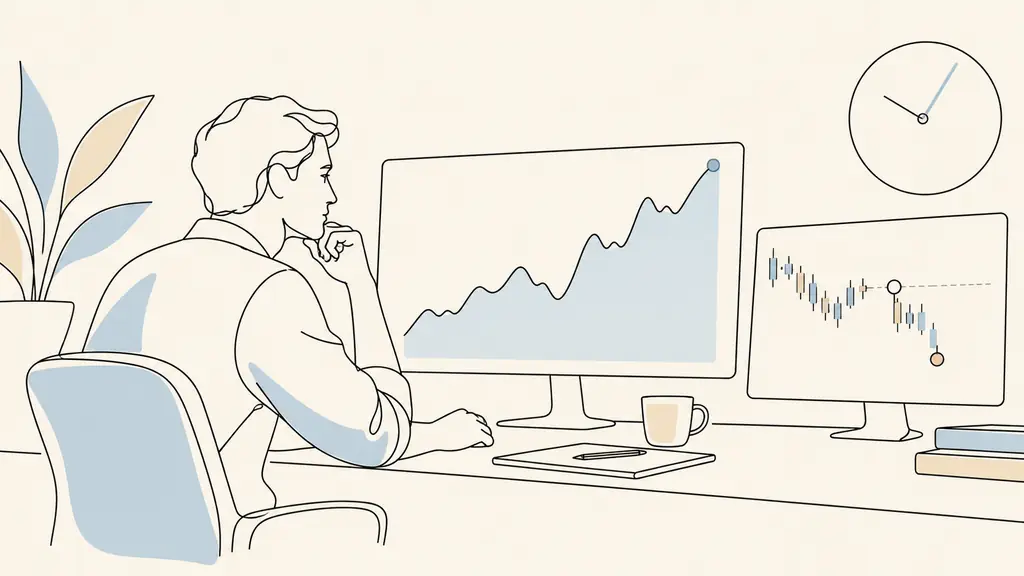 trader checking a 100,000-unit account equity curve, an open-loss position and a reset-time clock, no visible text or logos